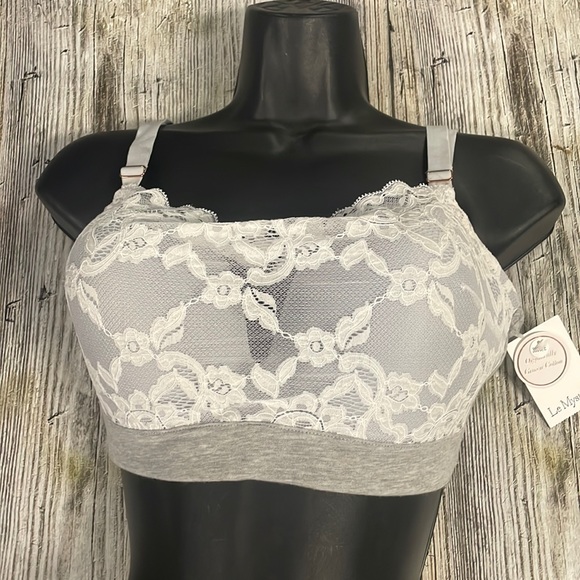 Nwt Le Mystere cotton touch wireless wire free gray white lace bra - Picture 1 of 4